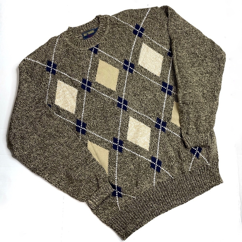 Vintage Cotton Blend Brown Speckled Academia Argyle Knit Sweater